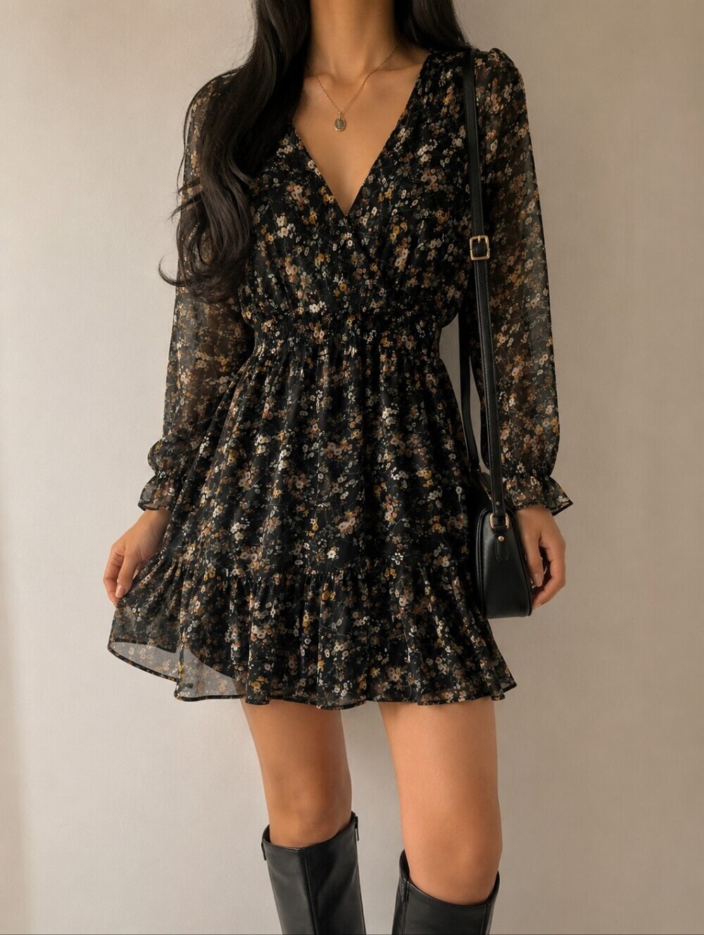 Dex Black Floral Chiffon Boho Long Sleeve Mini Dress, Medium, Cottagecore Vibes - Picture 2 of 14